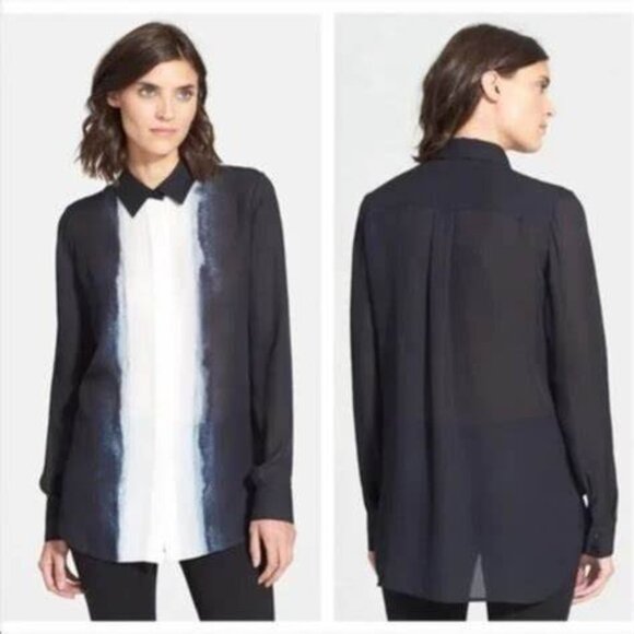 VINCE Vertical Dip Dye Silk Coastal Blue Sheer Long Sleeve Button Down Shirt - Picture 1 of 10